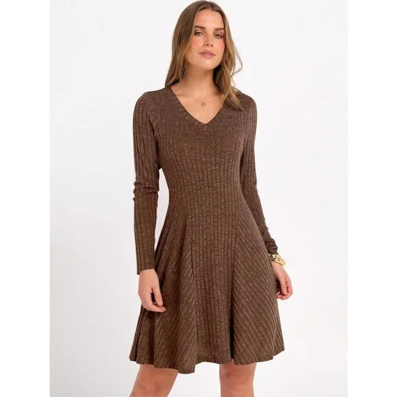 knee length dresses for ladies Women's V Neck Long Sleeve High Waist Midi Swing Dress with Pockets main image 0